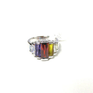 Silver Rainbow Baguette Crystals Ring Rhodium SZ5